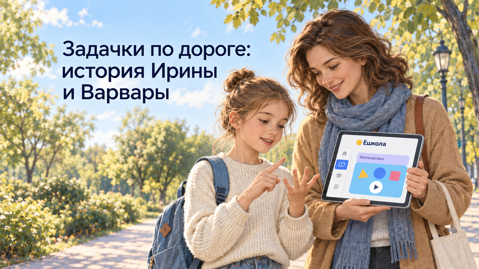 Концептуальная иллюстрация истории Ирины и Варвары: мама и девочка решают задачку по дороге, на планшете урок математики Ёшколы