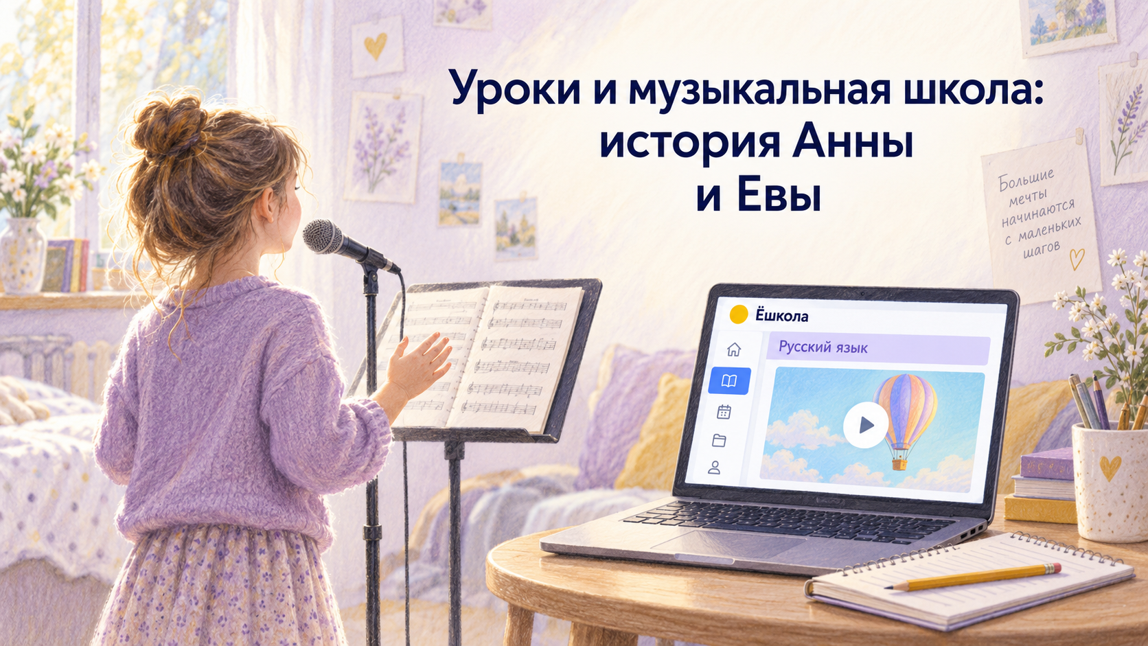 Концептуальная иллюстрация истории Анны и Евы: девочка репетирует пение у микрофона, рядом ноутбук с уроком русского языка Ёшколы