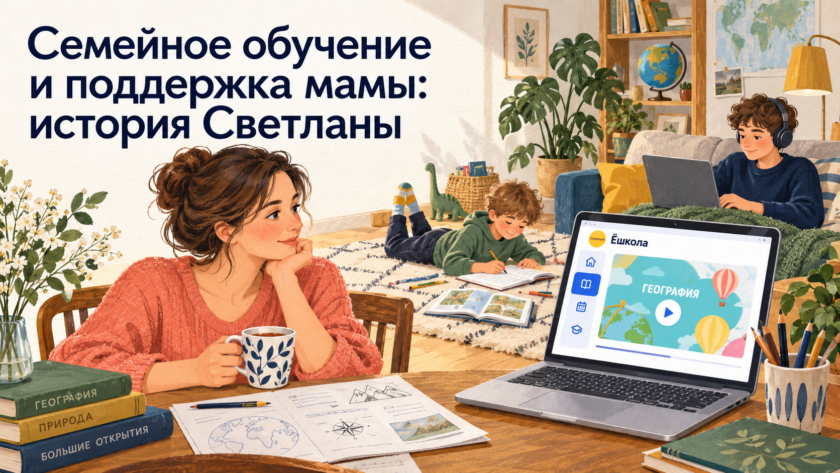 Рисованная иллюстрация к истории Светланы: мама за столом и два сына за занятиями, на ноутбуке урок Ёшколы.