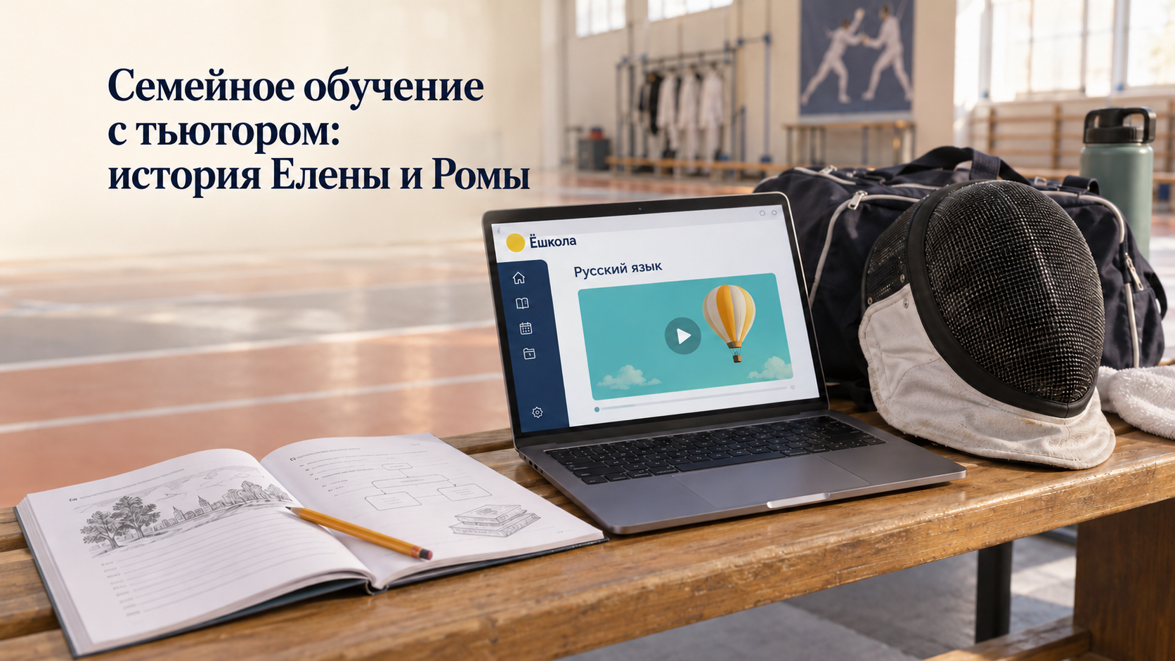 Иллюстрация к истории Елены и Ромы: ноутбук с уроком Ёшколы, рабочая тетрадь, спортивная сумка и защитная маска для фехтования
