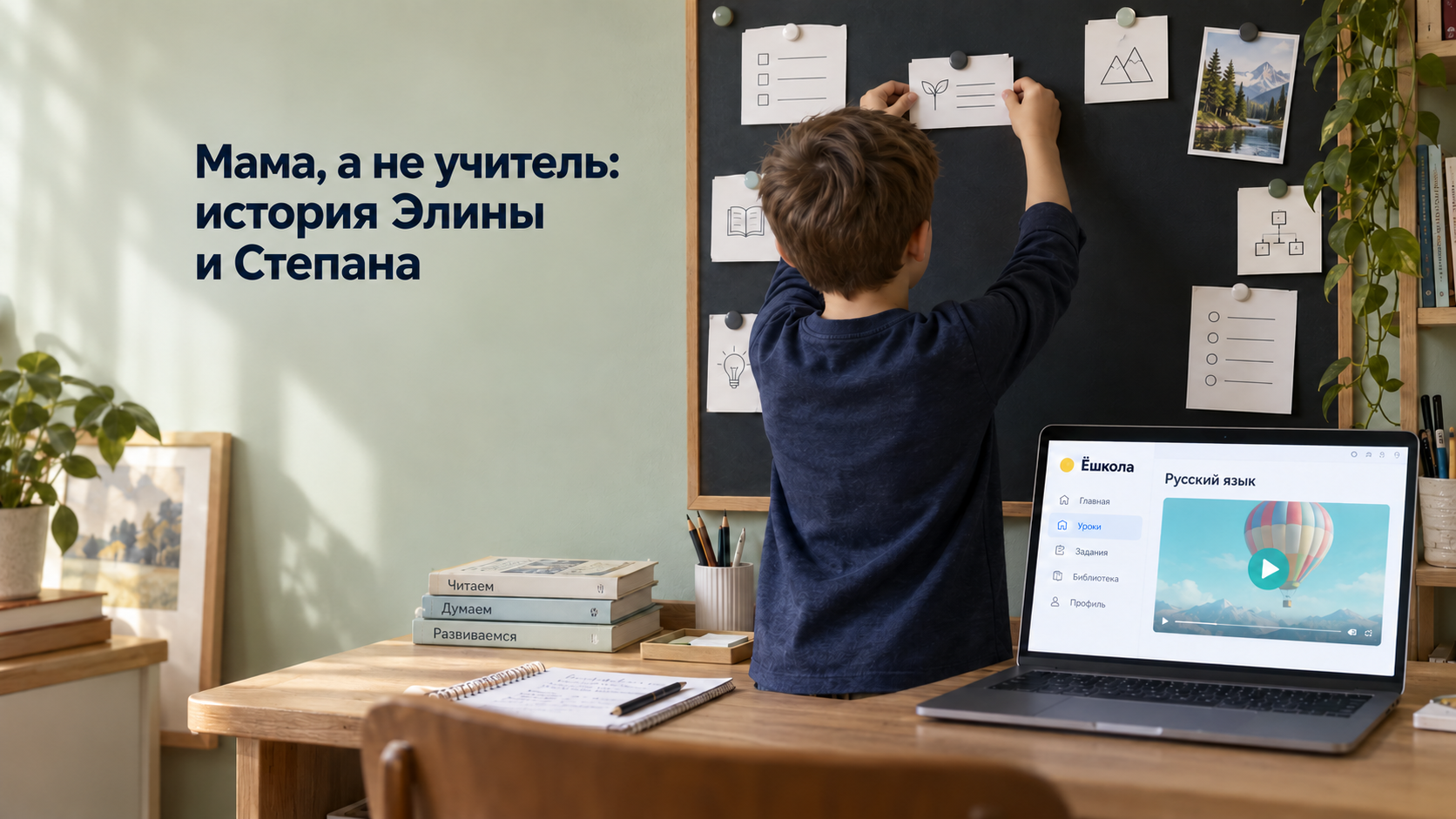 Иллюстрация к истории Элины и Степана: школьник прикрепляет учебную подсказку к доске над столом, рядом ноутбук с уроком русского языка Ёшколы