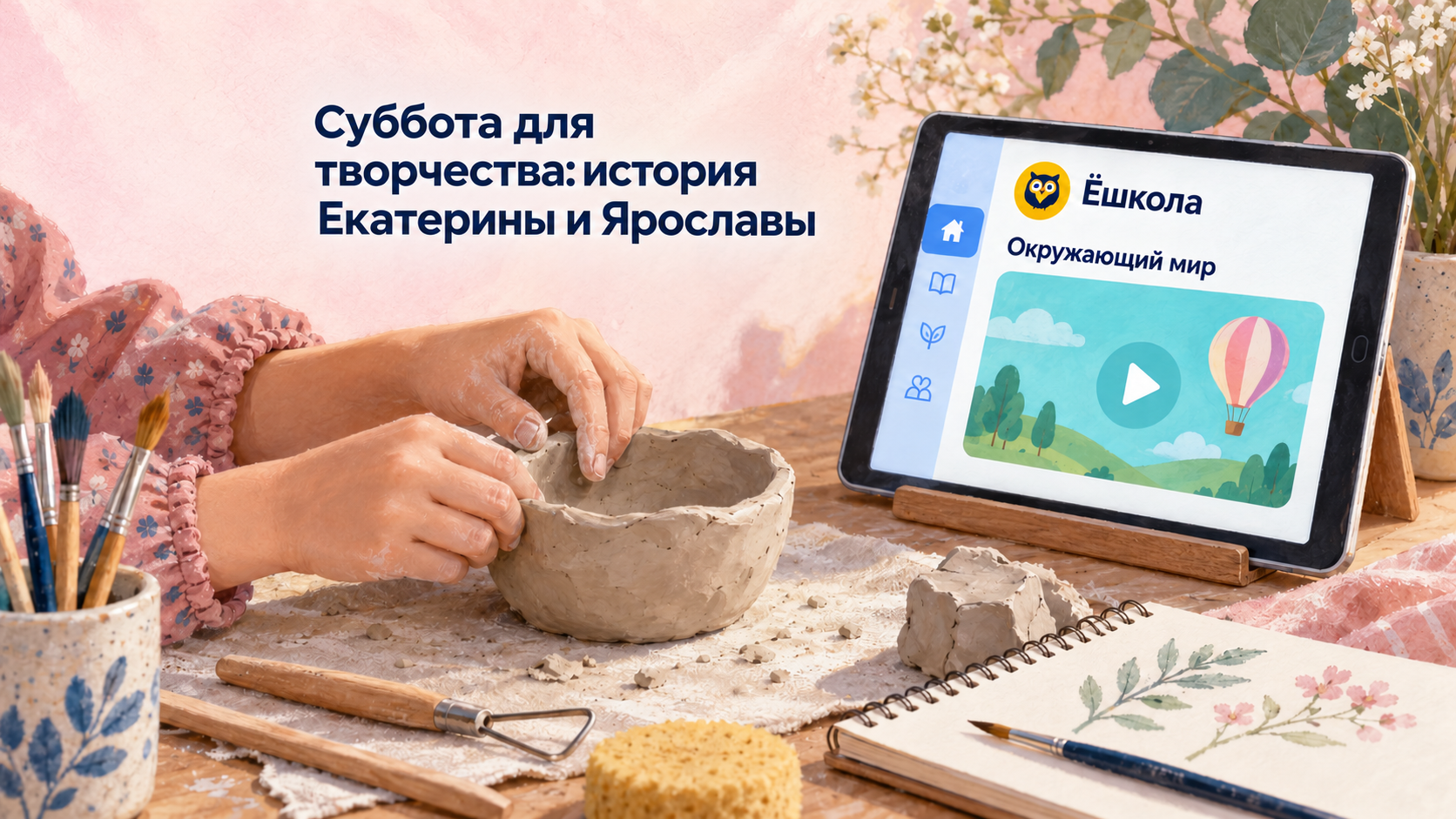 Иллюстрация к истории Екатерины и Ярославы: детские руки лепят чашу из глины, рядом планшет с уроком окружающего мира Ёшколы