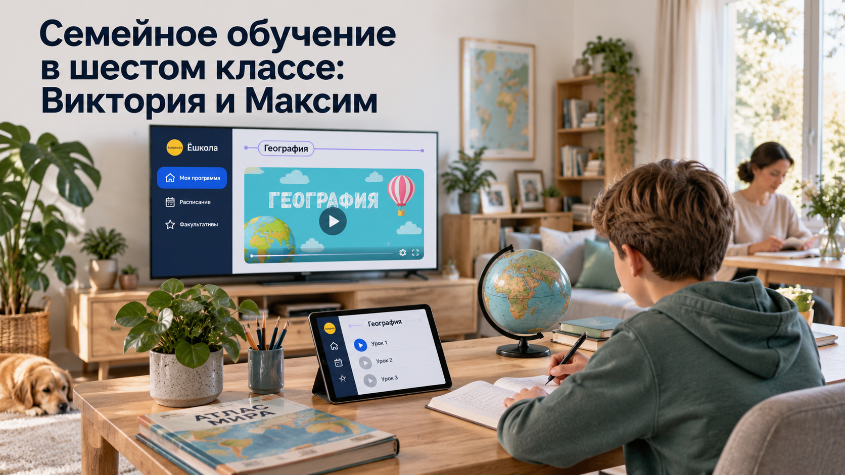 Иллюстрация к истории Виктории и Максима: мальчик за большим столом смотрит урок географии Ёшколы на телевизоре.
