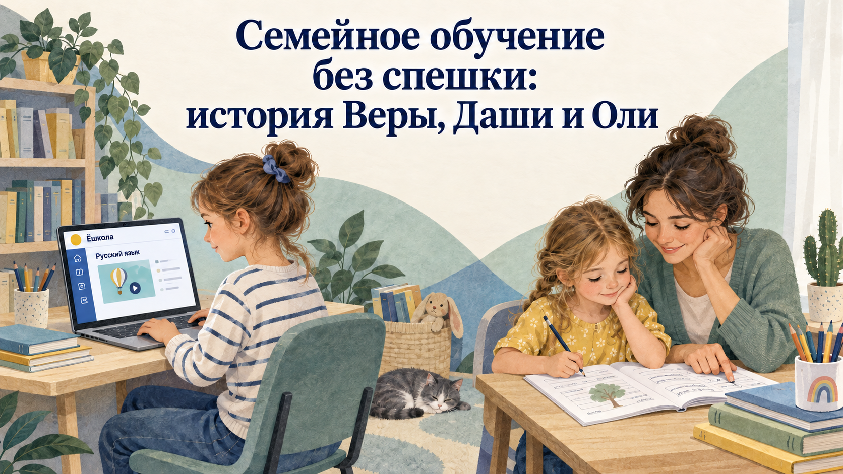 Иллюстрация к истории Веры: старшая дочь занимается с уроком Ёшколы на ноутбуке, мама помогает младшей с рабочей тетрадью
