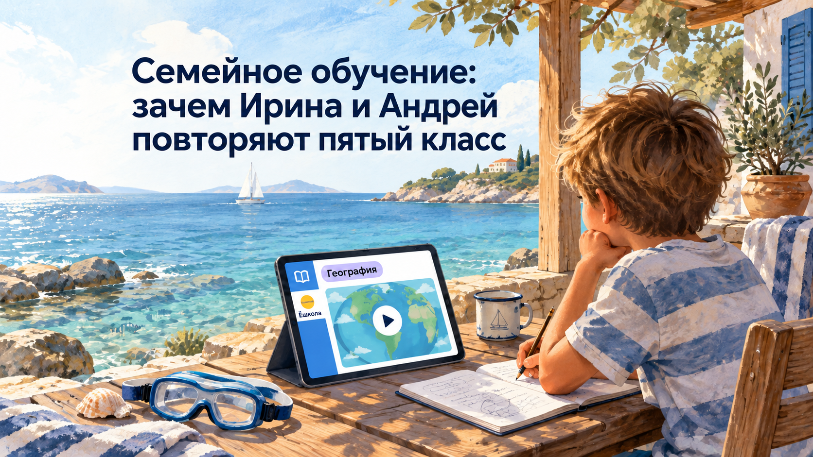 Иллюстрация к истории Ирины и Андрея: мальчик с тетрадью у моря, на планшете открыт урок географии Ёшколы.