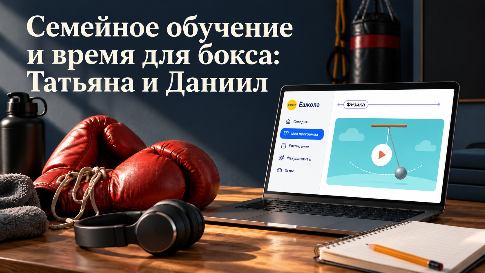 Иллюстрация к истории Татьяны и Даниила: боксёрские перчатки, наушники и ноутбук с уроком физики Ёшколы.