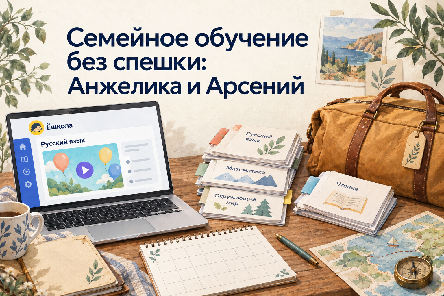 Концептуальная иллюстрация истории Анжелики и Арсения: тетради и календарь занятий рядом с дорожной сумкой, на ноутбуке урок Ёшколы