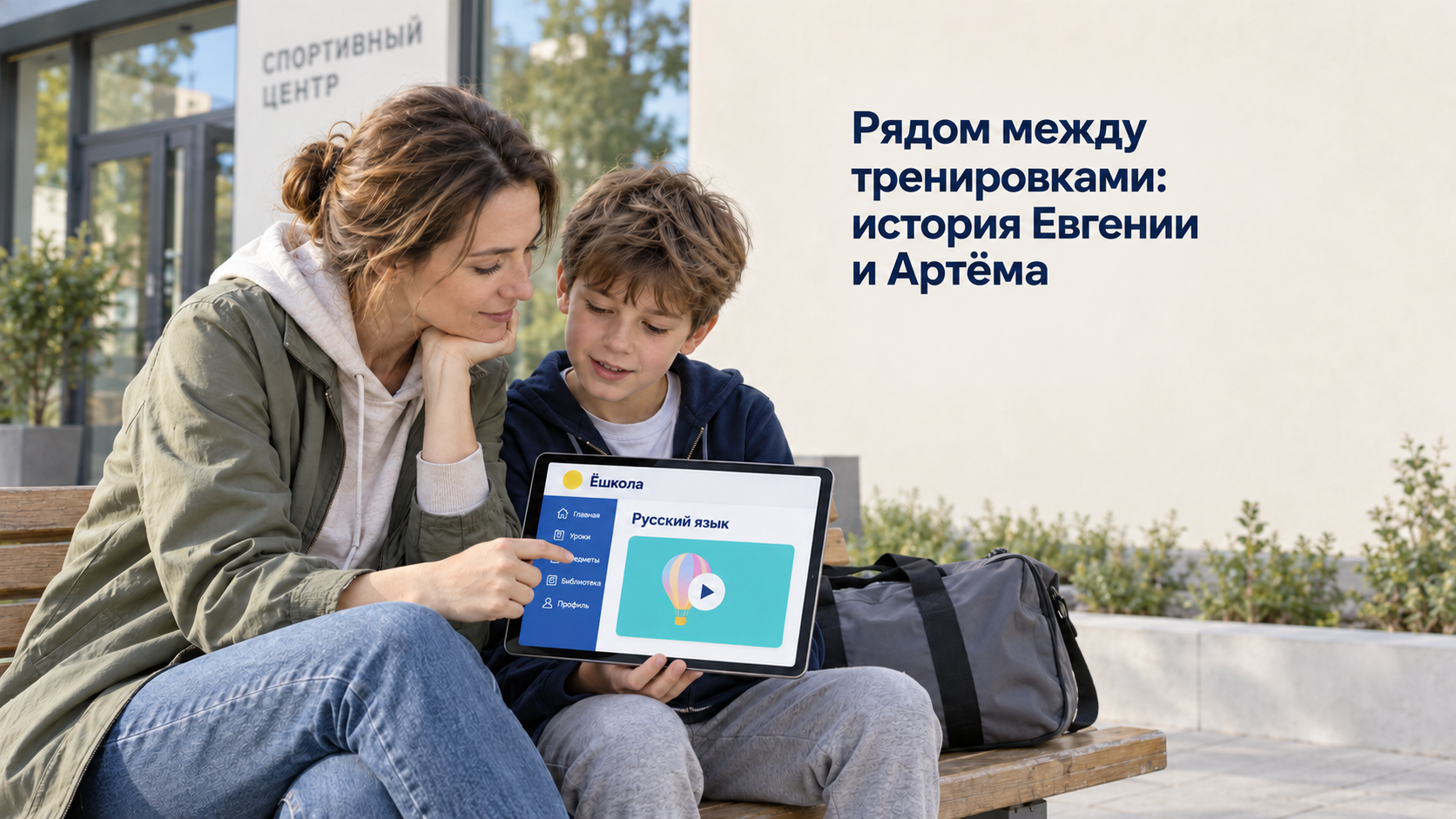 Иллюстрация к истории Евгении и Артёма: мама и школьник обсуждают урок на планшете рядом со спортивной сумкой