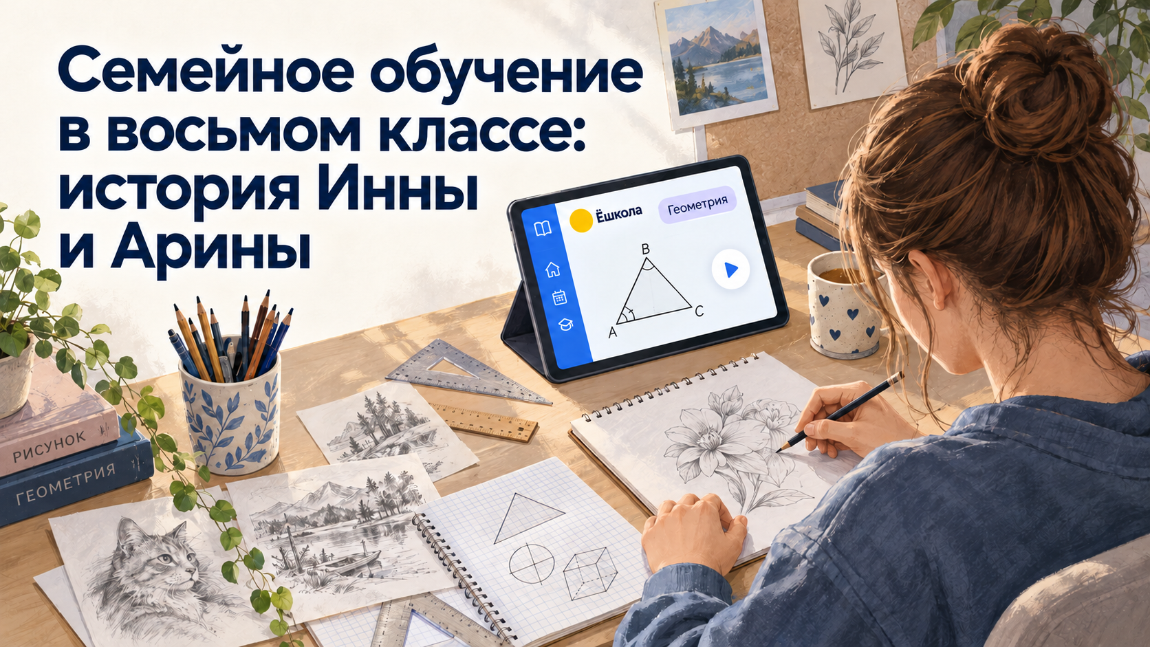 Иллюстрация к истории Инны и Арины: девушка рисует за столом, рядом планшет с уроком геометрии Ёшколы.